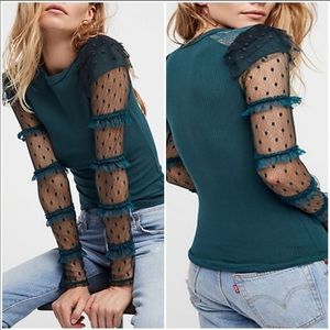 Free People Kiss Kiss Green Mesh Long Sleeve Top